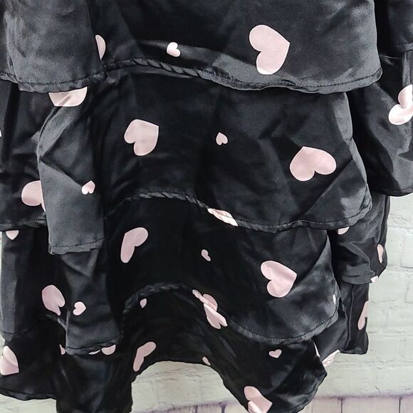 Justice Girls 14 Black Satin Sleeveless Fit & Flare Tier Ruffle Pink Heart Dress - Picture 5 of 11